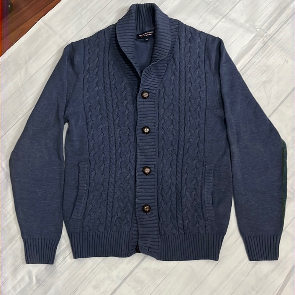 Roundtree & Yorke Men’s Blue Cable Knit Cardigan Sweater